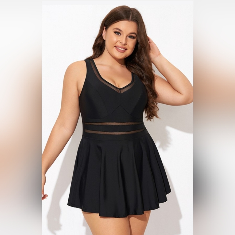 Black V-neck Wide StrapCrochet Detail Swimdress